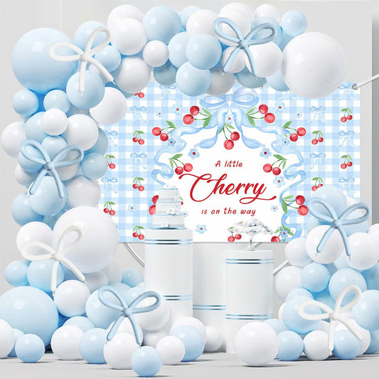 MEHOFOND Blue Cherry Bow Baby Shower Decor Banner Backdrop Balloon Set