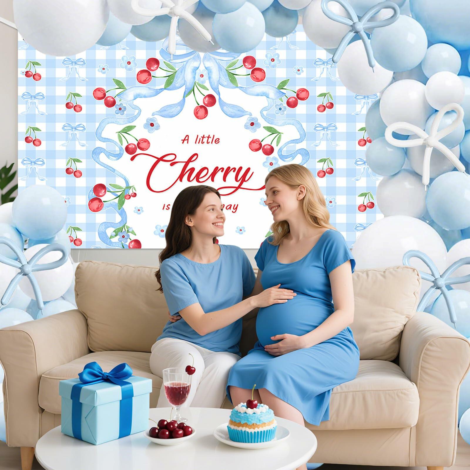 MEHOFOND Blue Cherry Bow Baby Shower Decor Banner Backdrop Balloon Set