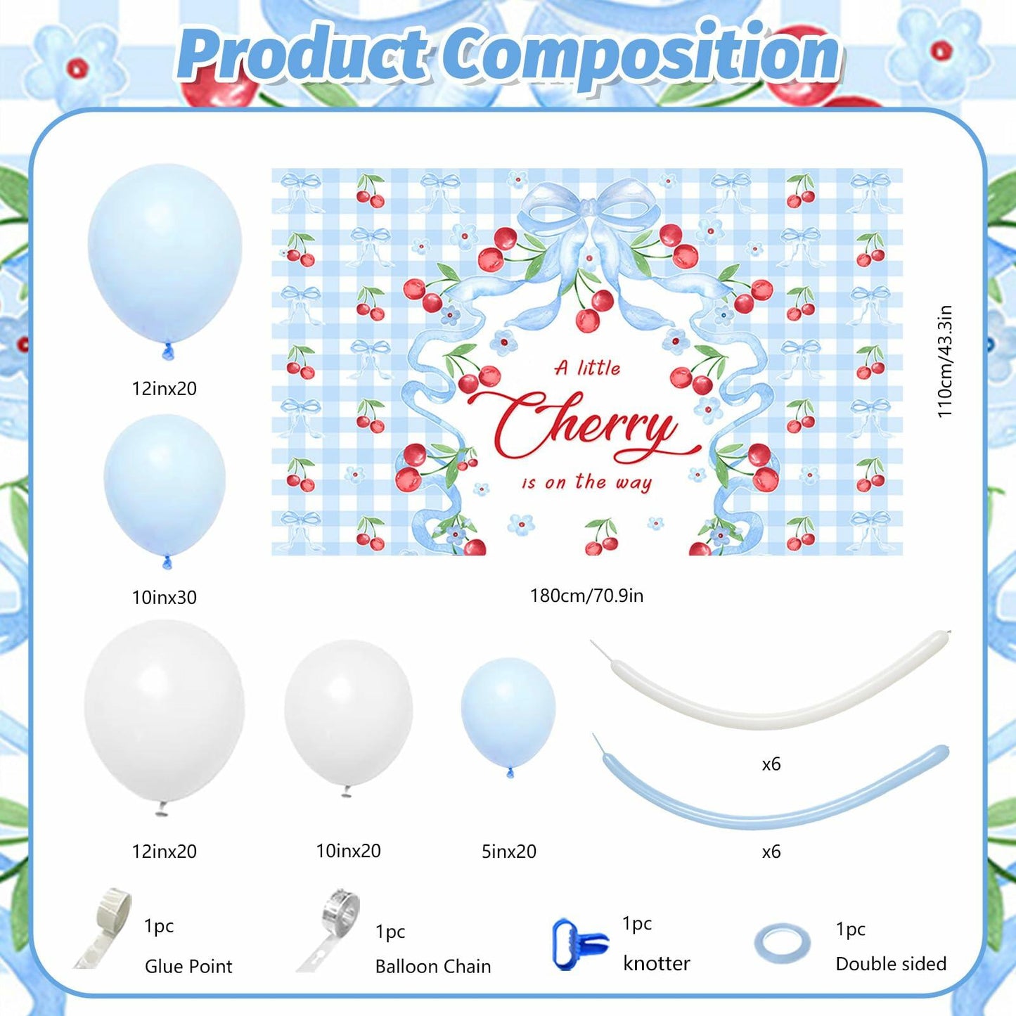 MEHOFOND Blue Cherry Bow Baby Shower Decor Banner Backdrop Balloon Set