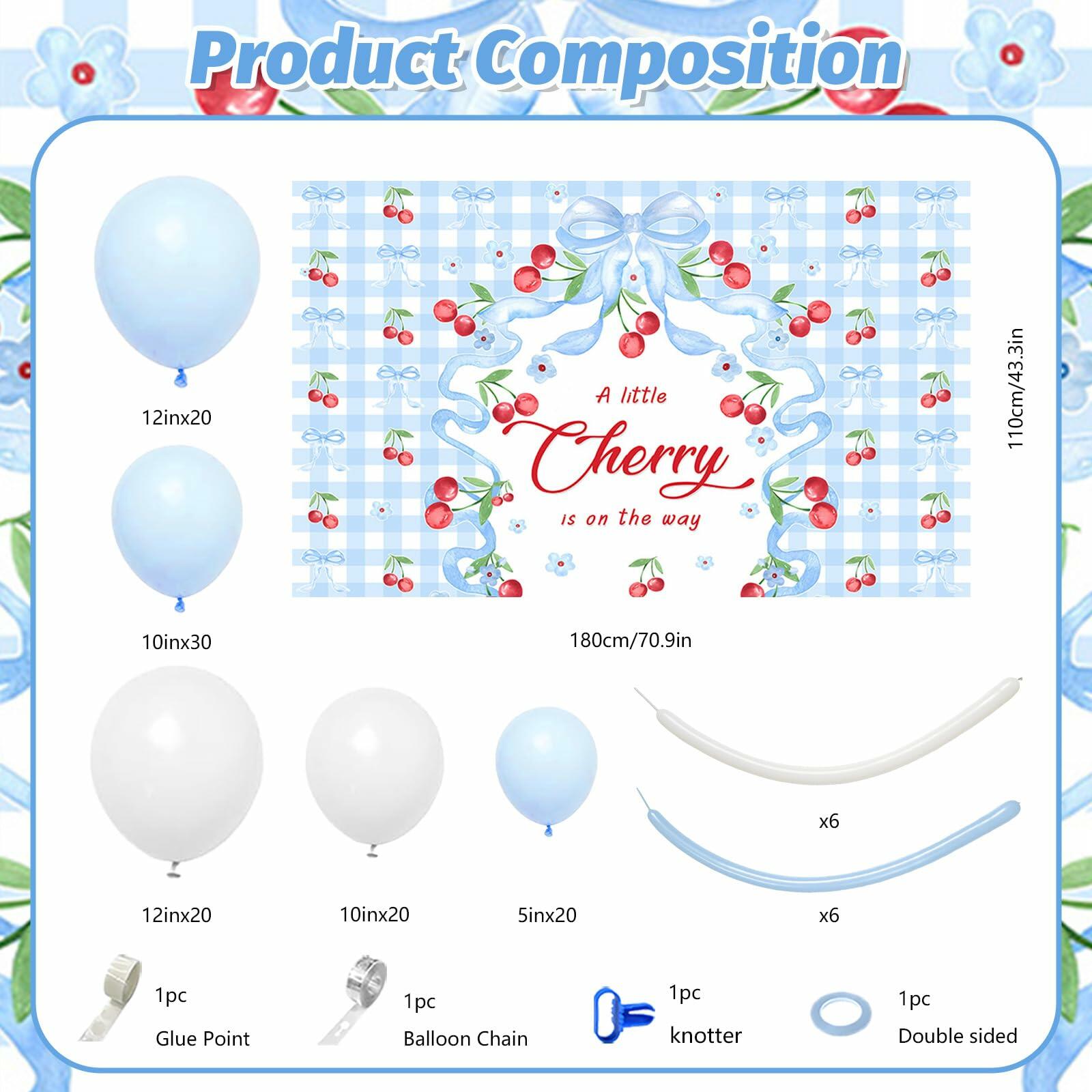 MEHOFOND Blue Cherry Bow Baby Shower Decor Banner Backdrop Balloon Set