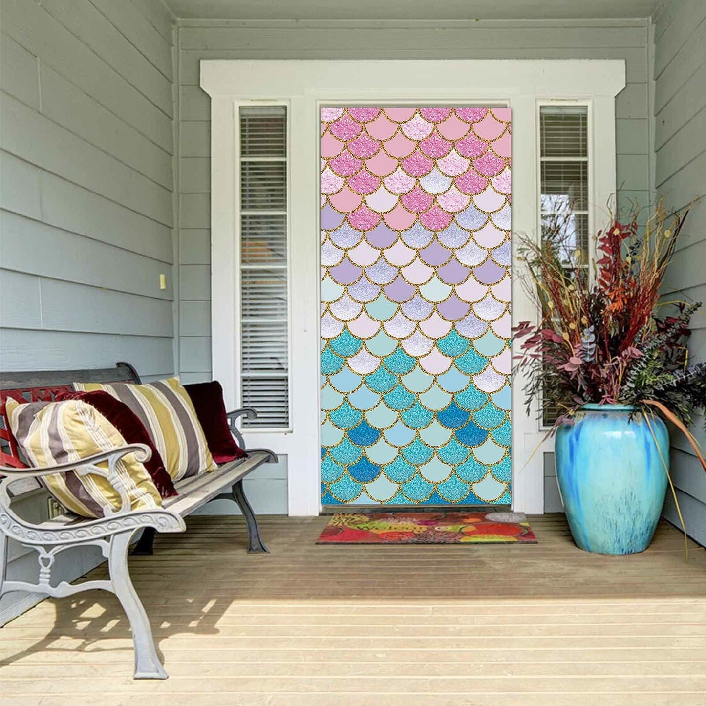 ZDX Mermaid Scales Door Banner Gold Glitter Blue Pink Purple 72.8x35.4in