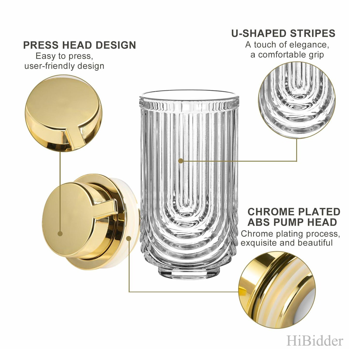 HiBidder Glass Soap Dispenser w/ Gold Pump Clear Bathroom Kitchen Decor