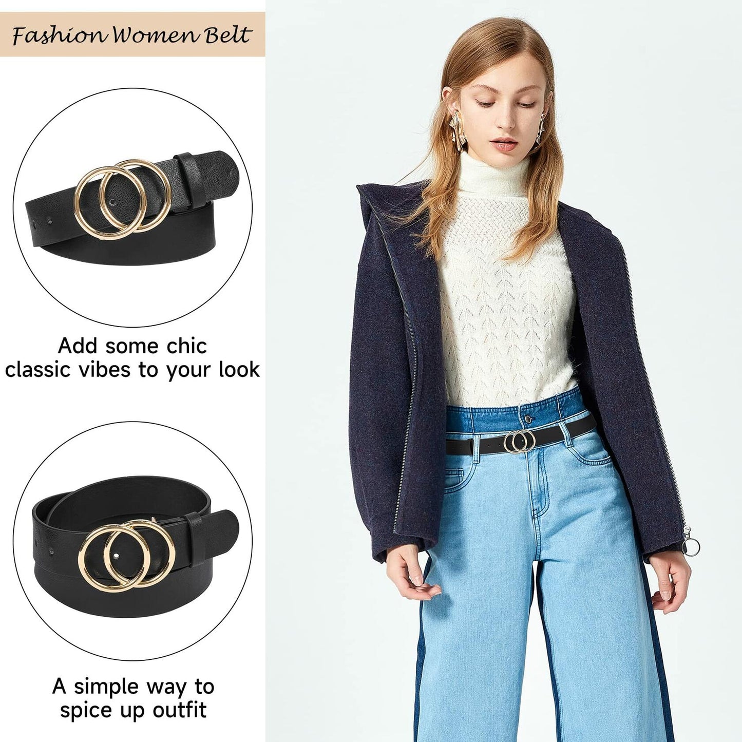 NBLYOS Women Faux Leather Belt Gold Buckle Khaki Size XXL