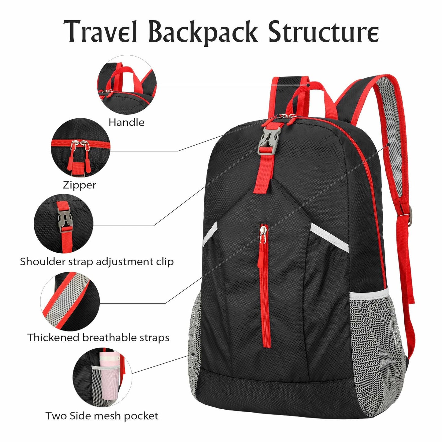 AMO NENES Lightweight Foldable Waterproof Hiking Backpack Black 25-30L