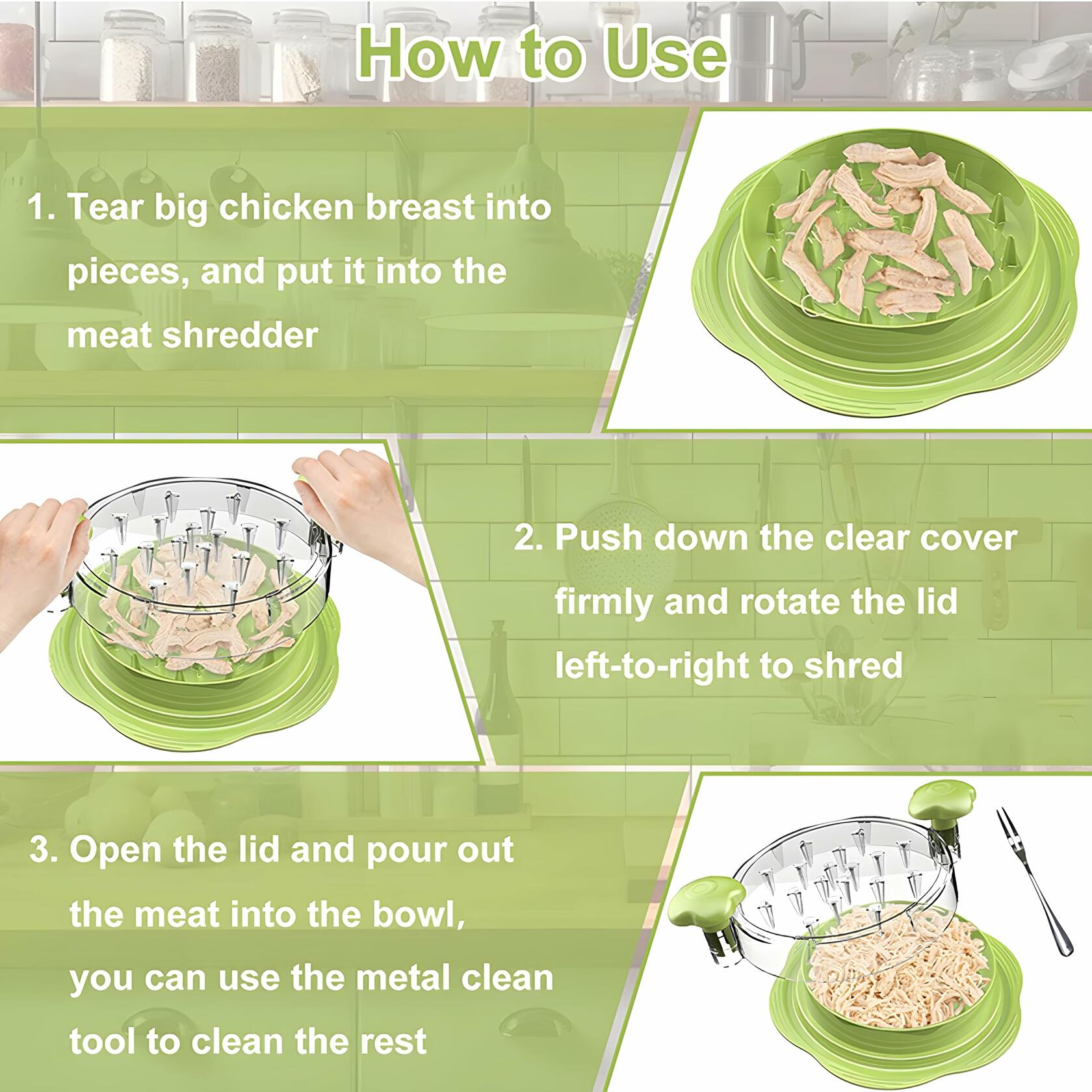 KALWNIA Chicken Shredder Green Meat Shredding Tool w/ Tongs & Brush