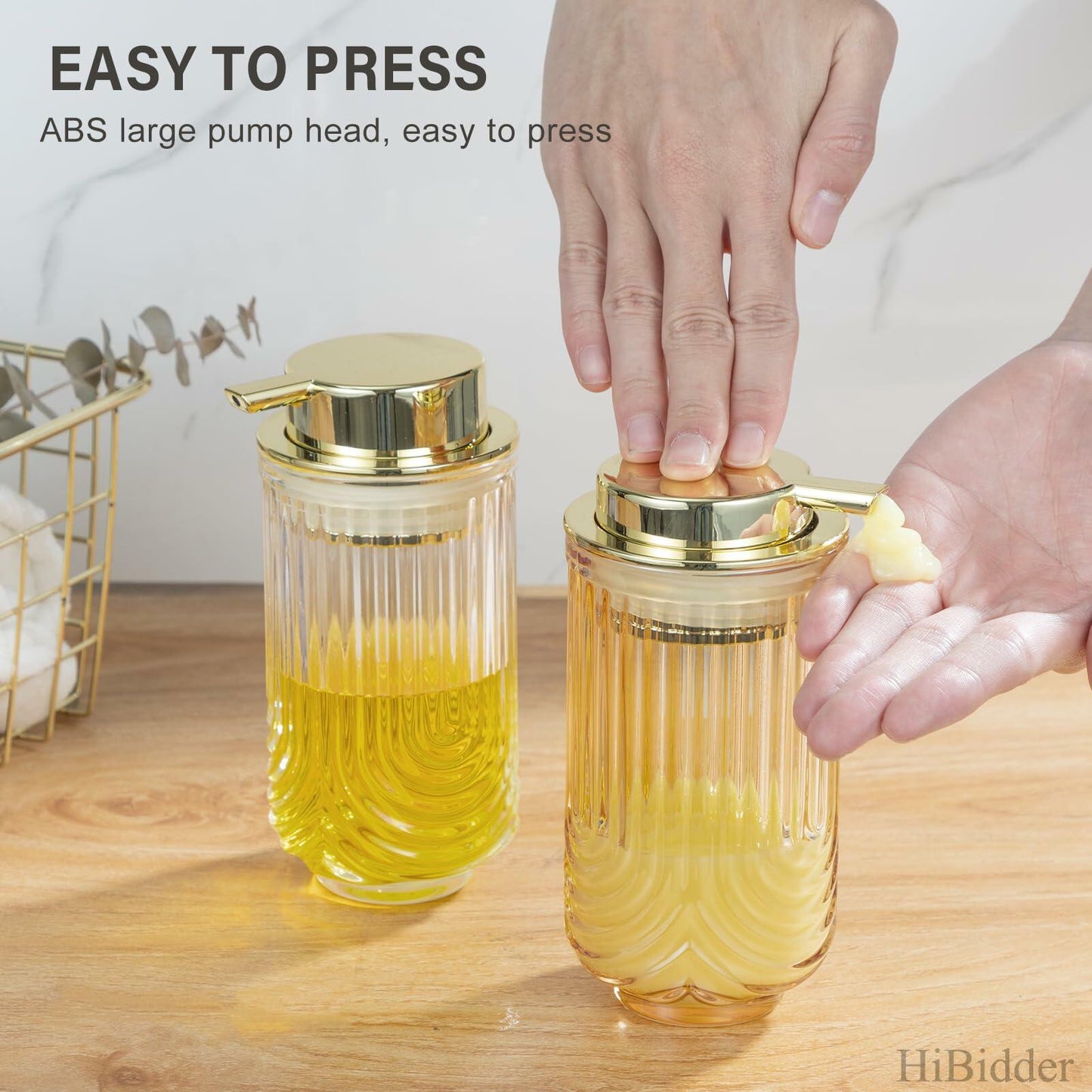 HiBidder Glass Soap Dispenser w/ Gold Pump Clear Bathroom Kitchen Decor