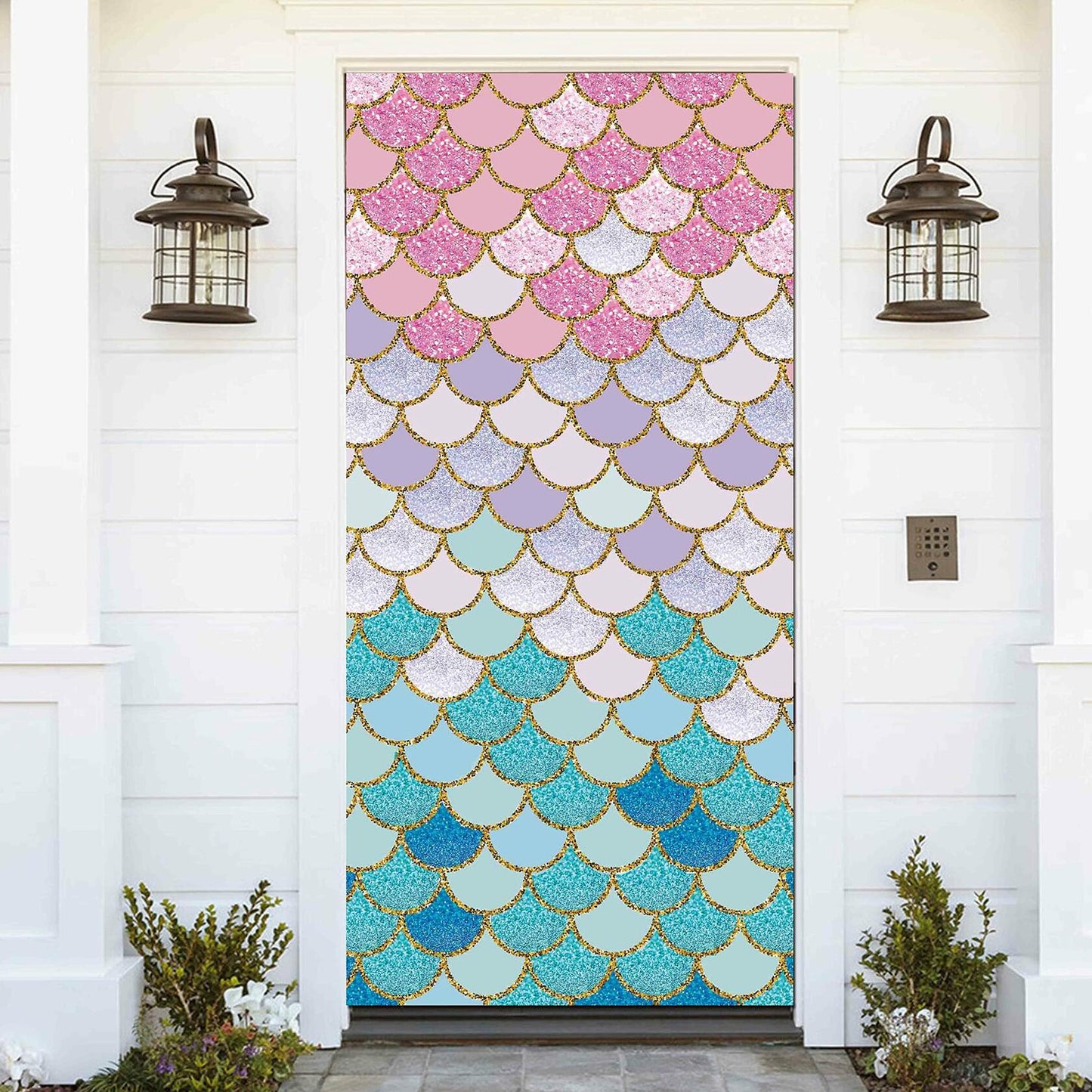 ZDX Mermaid Scales Door Banner Gold Glitter Blue Pink Purple 72.8x35.4in
