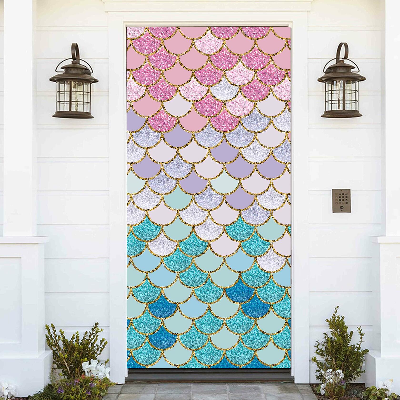 ZDX Mermaid Scales Door Banner Gold Glitter Blue Pink Purple 72.8x35.4in