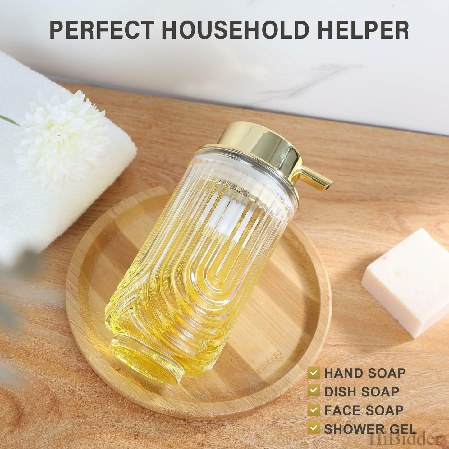 HiBidder Glass Soap Dispenser w/ Gold Pump Clear Bathroom Kitchen Decor