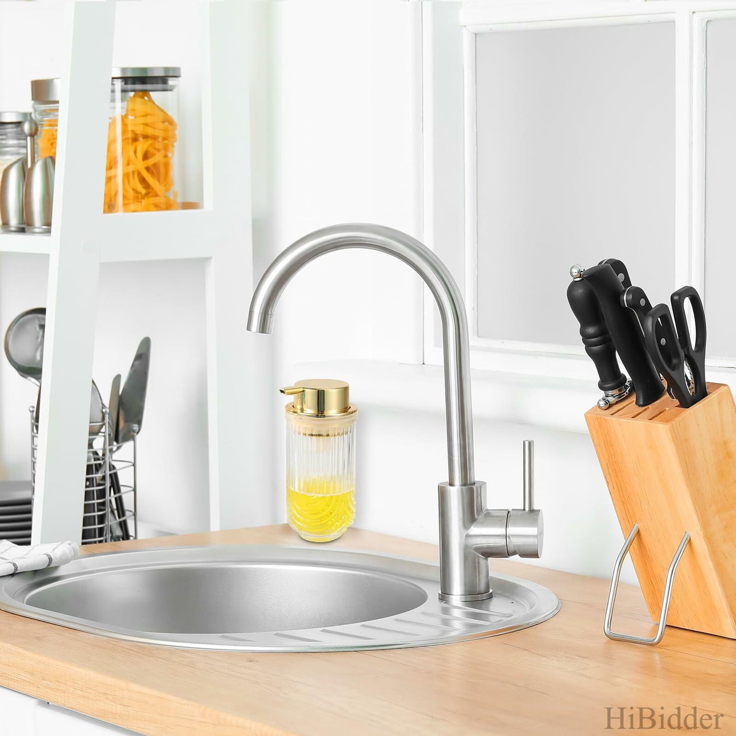 HiBidder Glass Soap Dispenser w/ Gold Pump Clear Bathroom Kitchen Decor