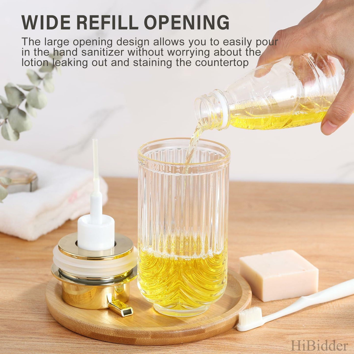 HiBidder Glass Soap Dispenser w/ Gold Pump Clear Bathroom Kitchen Decor