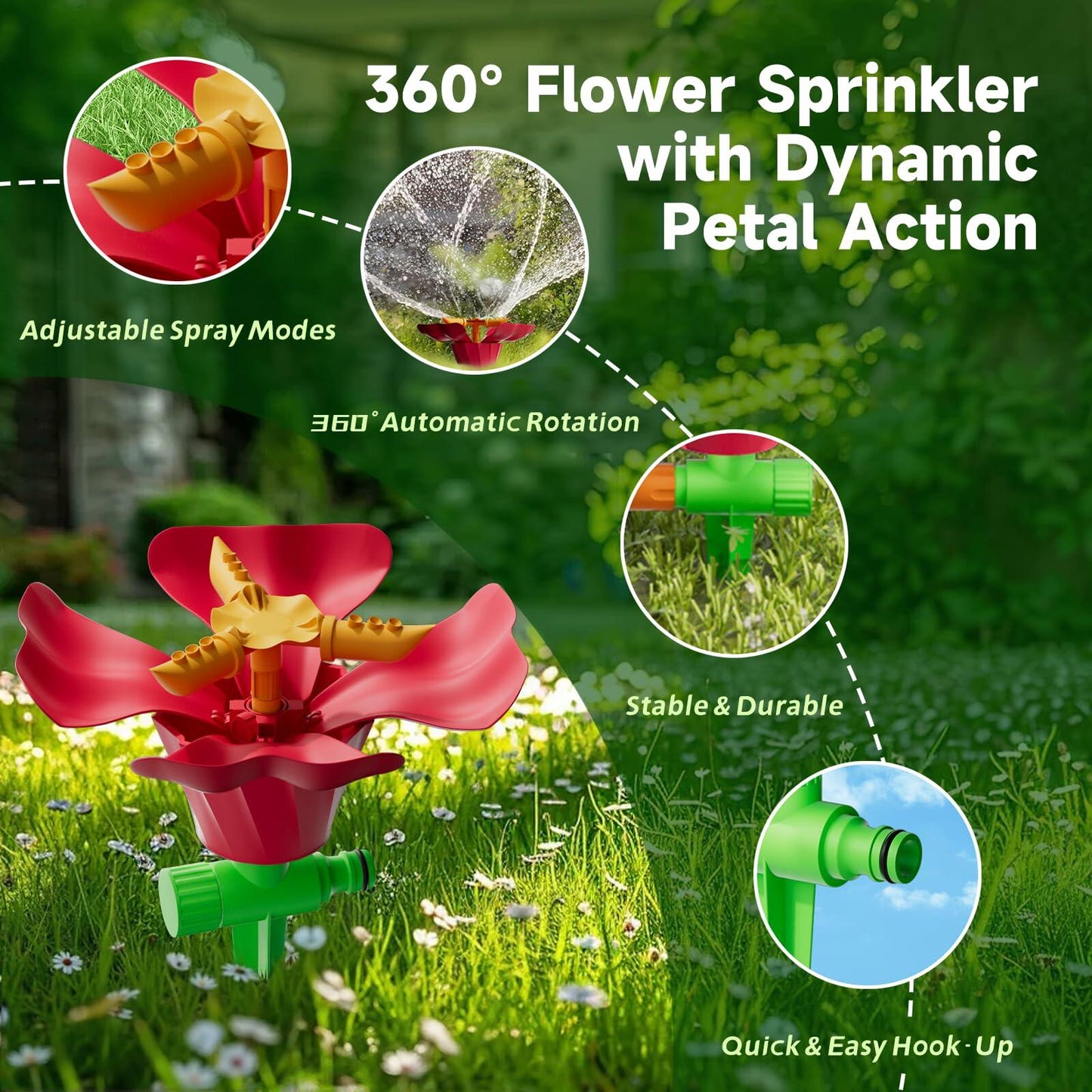 IcyByte Rotating Flower Garden Sprinkler Adjustable Spray Modes Red 8.66"
