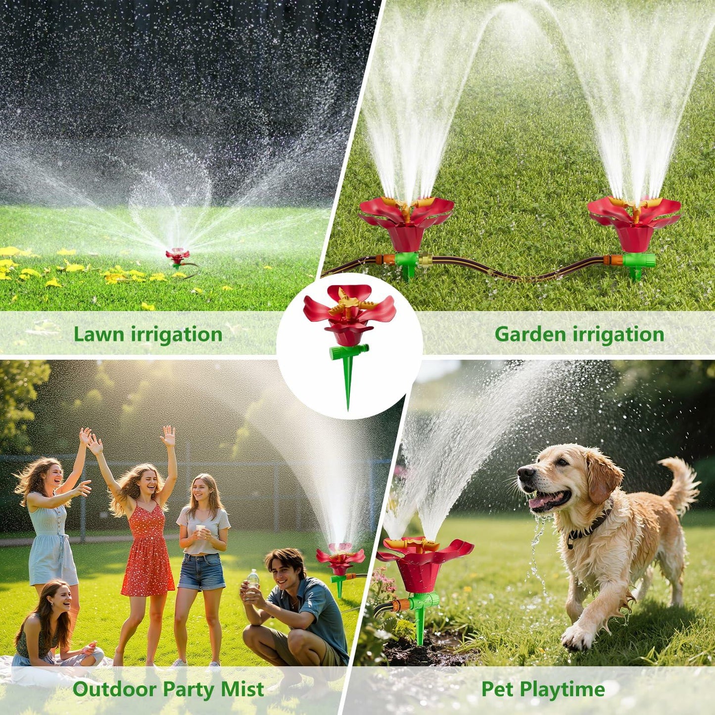 IcyByte Rotating Flower Garden Sprinkler Adjustable Spray Modes Red 8.66"