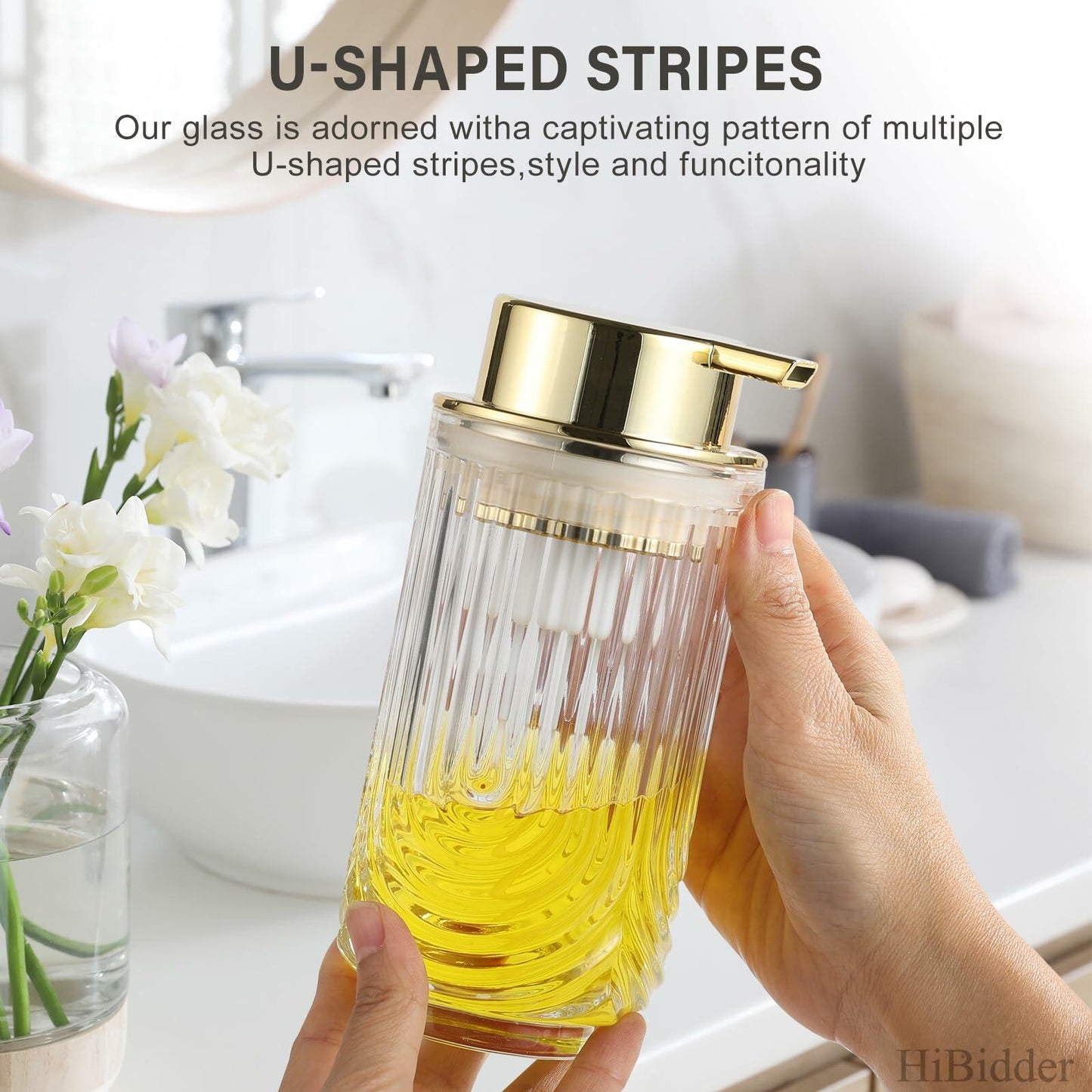 HiBidder Glass Soap Dispenser w/ Gold Pump Clear Bathroom Kitchen Decor