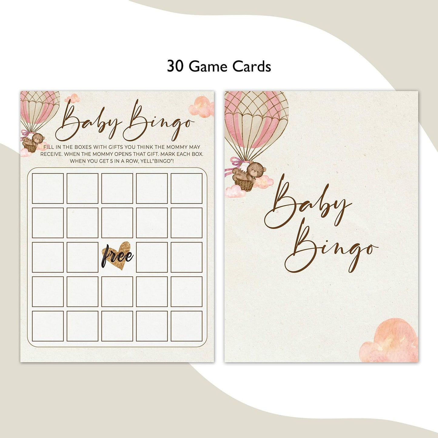 OUDIEA Baby Shower Bingo Cards Teddy Bear Hot Air Balloon 5x7 30 Count