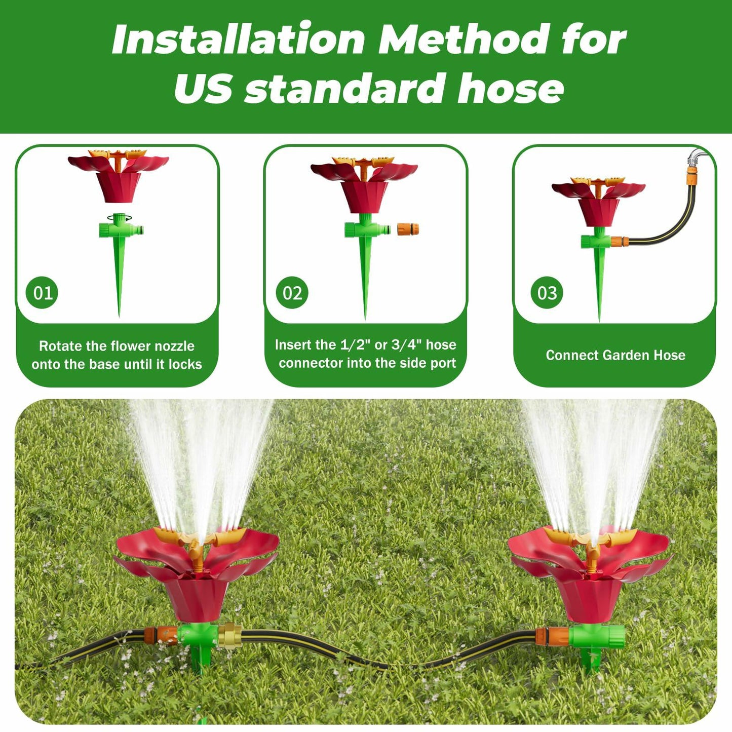 IcyByte Rotating Flower Garden Sprinkler Adjustable Spray Modes Red 8.66"