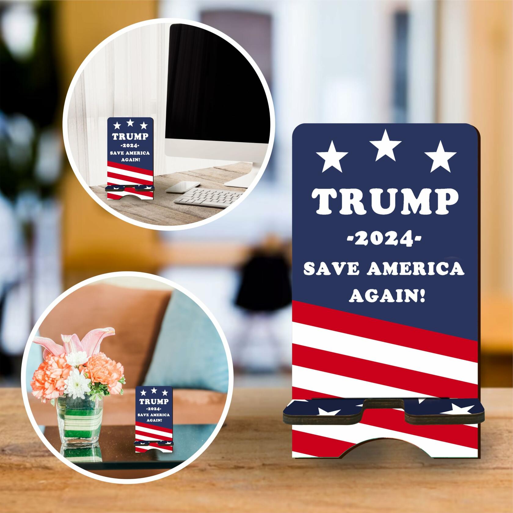 Nuckxy Wooden Phone Holder 2024 US Theme Desktop Stand Desk Organizer