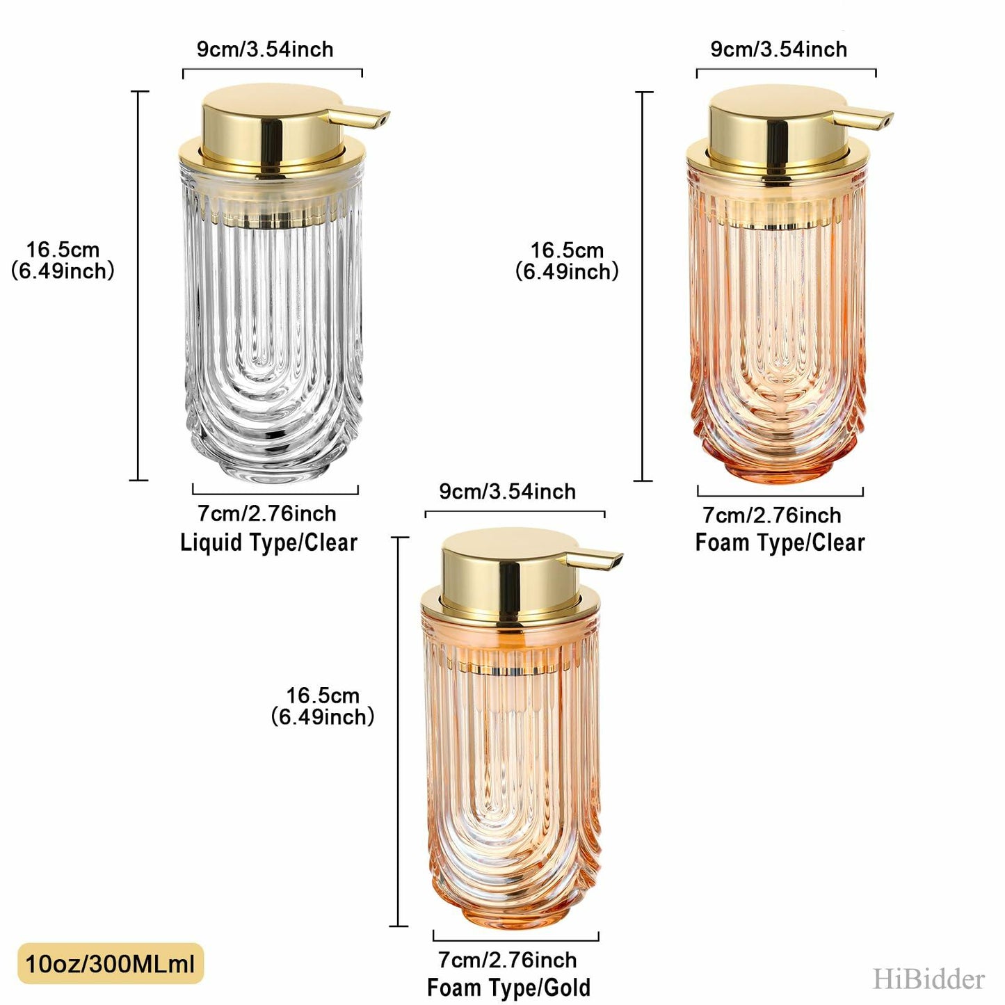 HiBidder Glass Soap Dispenser w/ Gold Pump Clear Bathroom Kitchen Decor