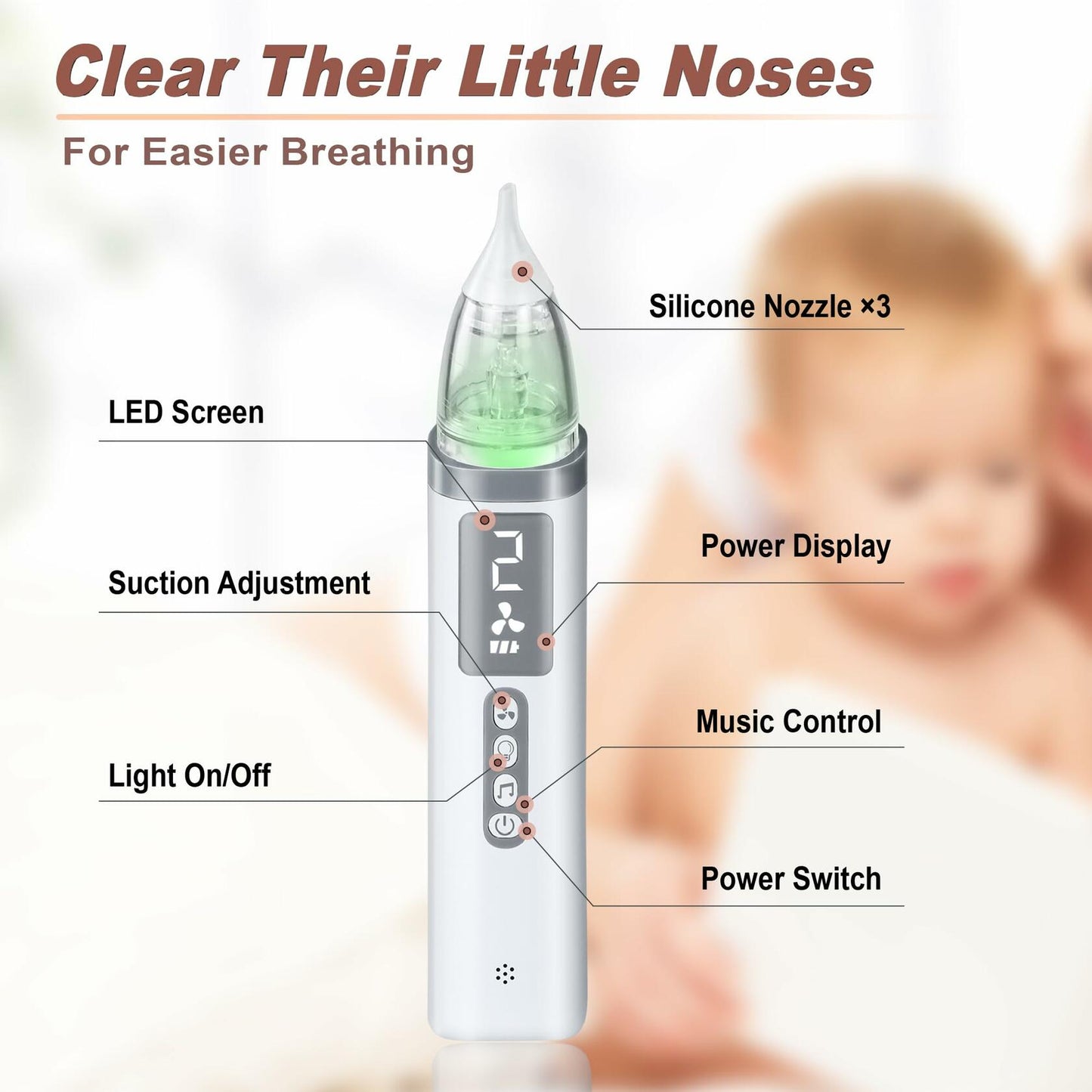 TopQuaFocus Baby Nasal Aspirator Electric Nose Cleaner 3 Suction Levels White