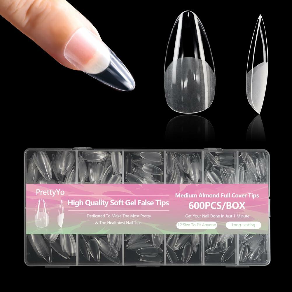 PrettyYo Short Almond Gel Nail Tips 240Pcs Clear 12 Sizes Full Cover