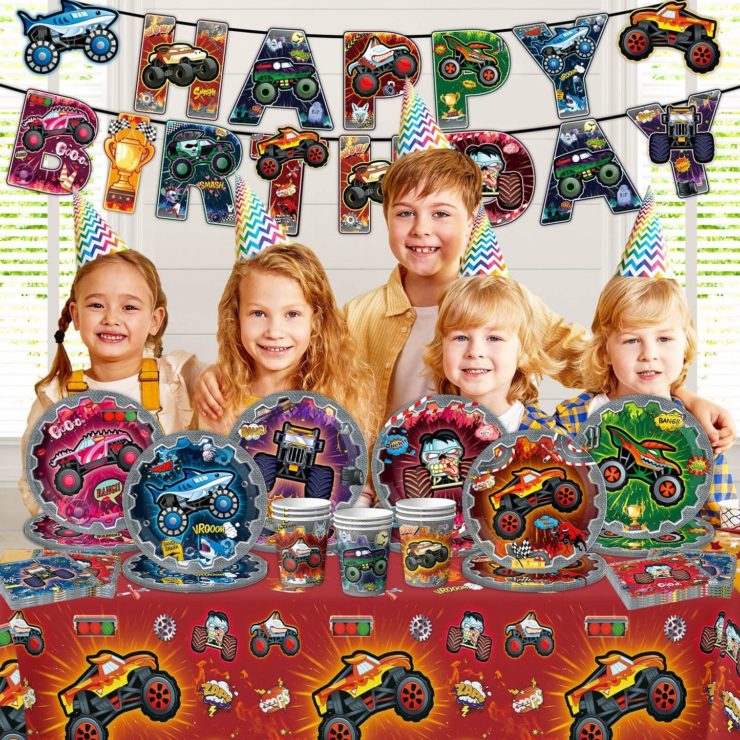 [Like New] VIZOZEN Truck Birthday Party Supplies Tablecloth Banner Plates Napkins Cups