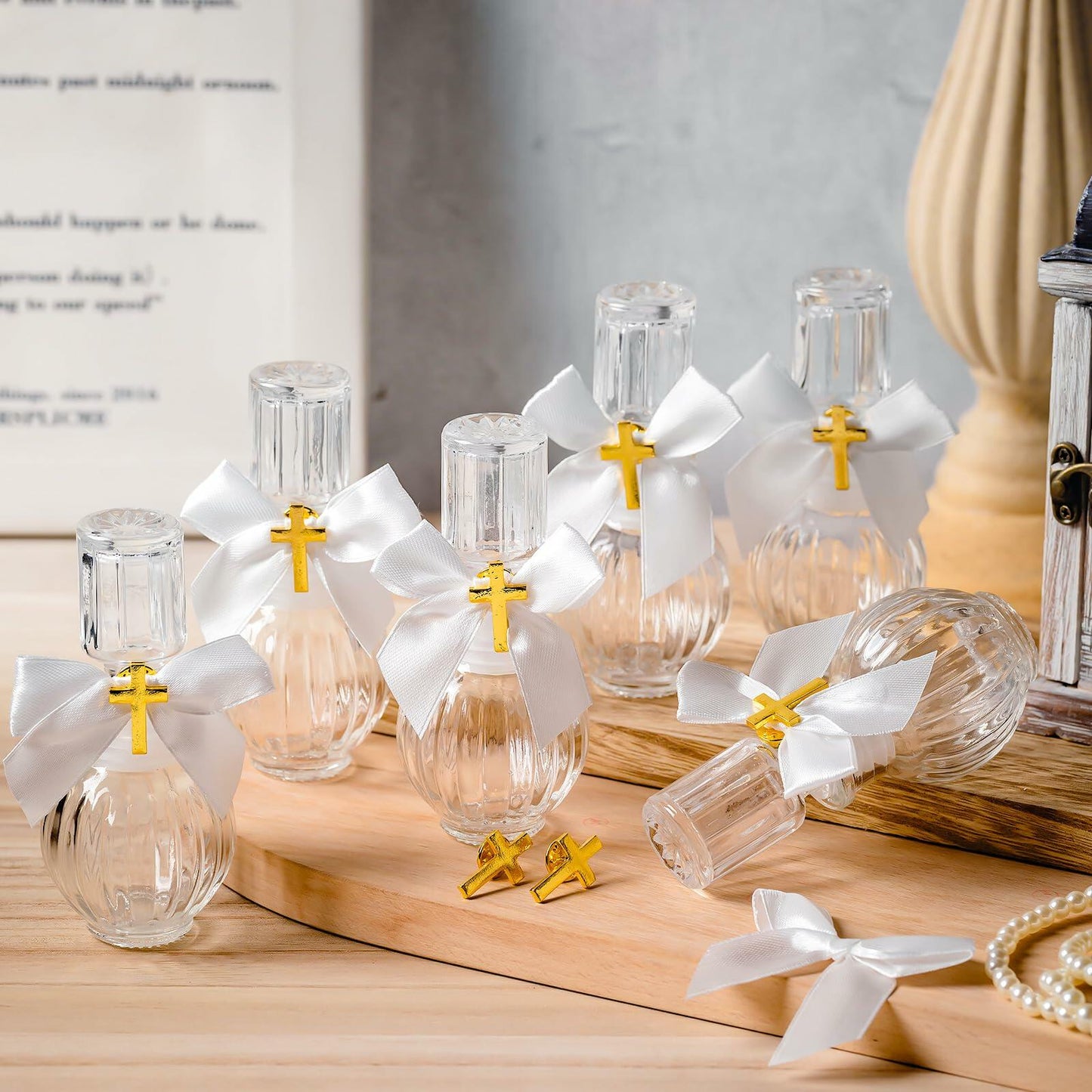 Chuangdi 10 Set Holy Catholic Water Bottles 50ml Glass Cross Pin Ribbon Classic