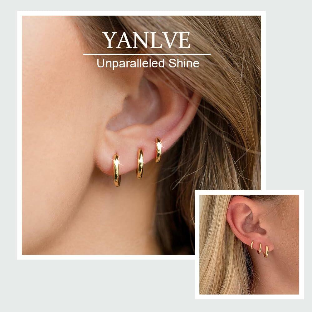 YANLVE 14K Gold Plated Small Huggie Hoop Earrings Set of 3 Pairs Women