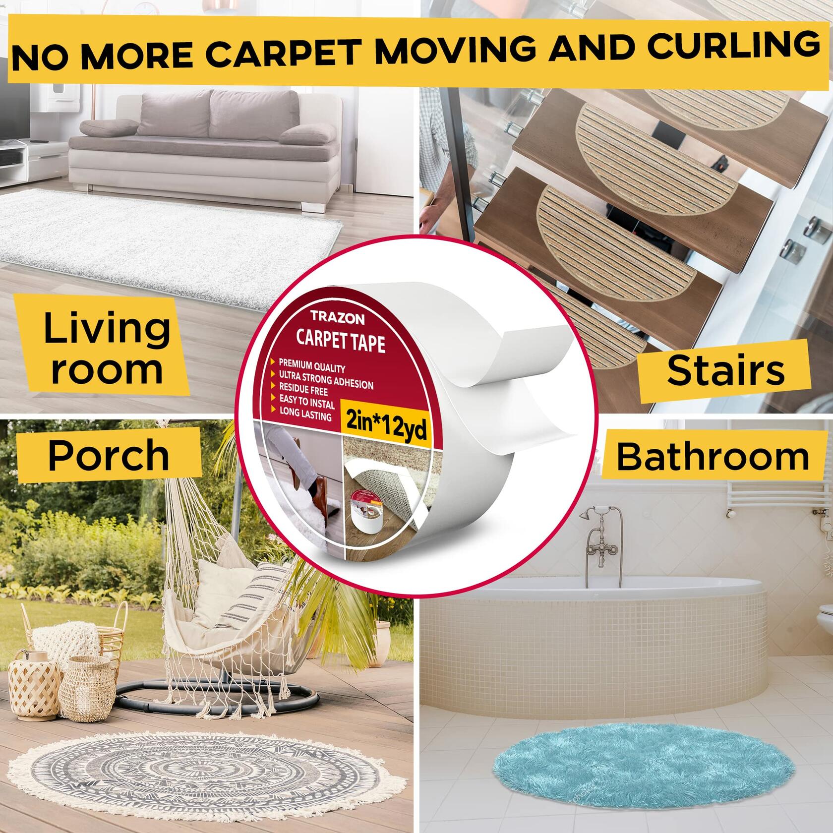 [Like New] Trazon Carpet Tape Double Sided Rug Grippers 2 Inch x 12 Yards White