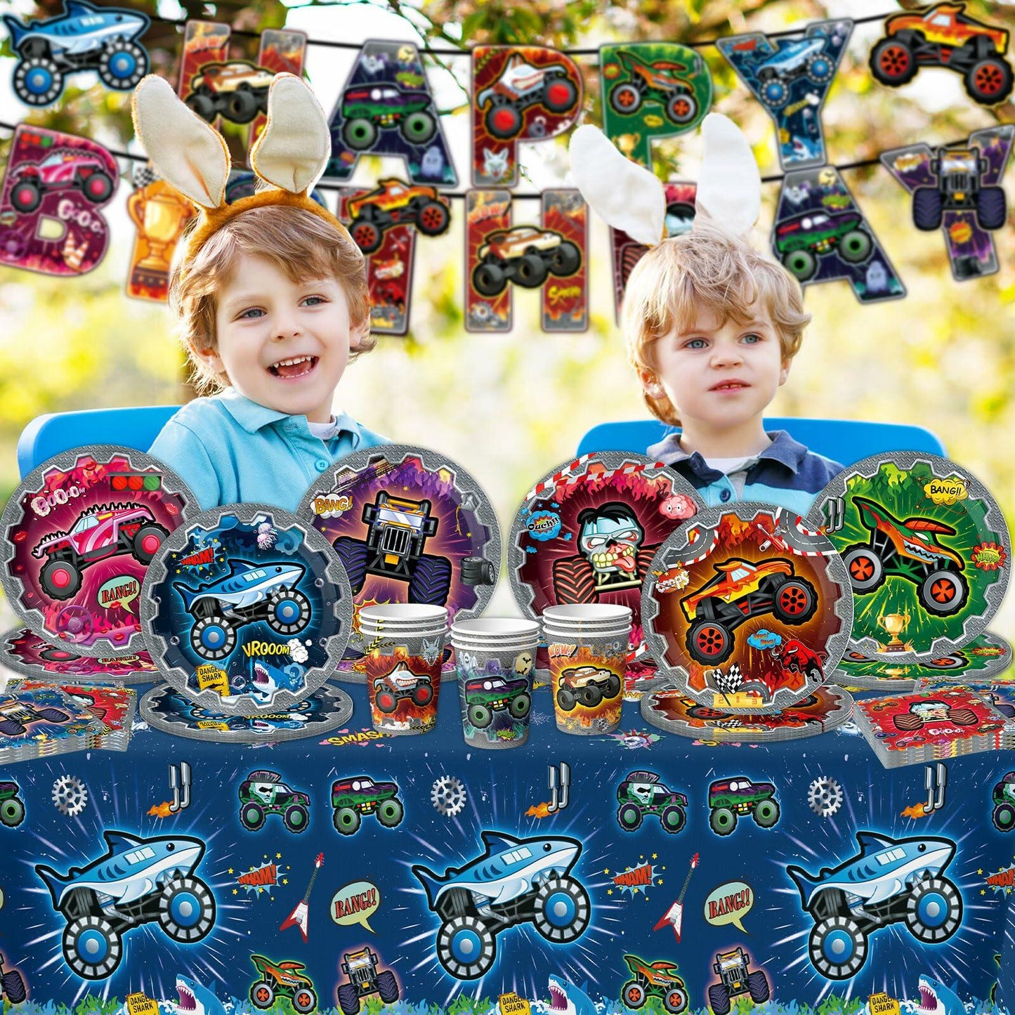 [Like New] VIZOZEN Truck Birthday Party Supplies Tablecloth Banner Plates Napkins Cups