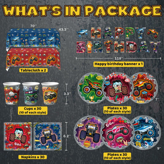 [Like New] VIZOZEN Truck Birthday Party Supplies Tablecloth Banner Plates Napkins Cups