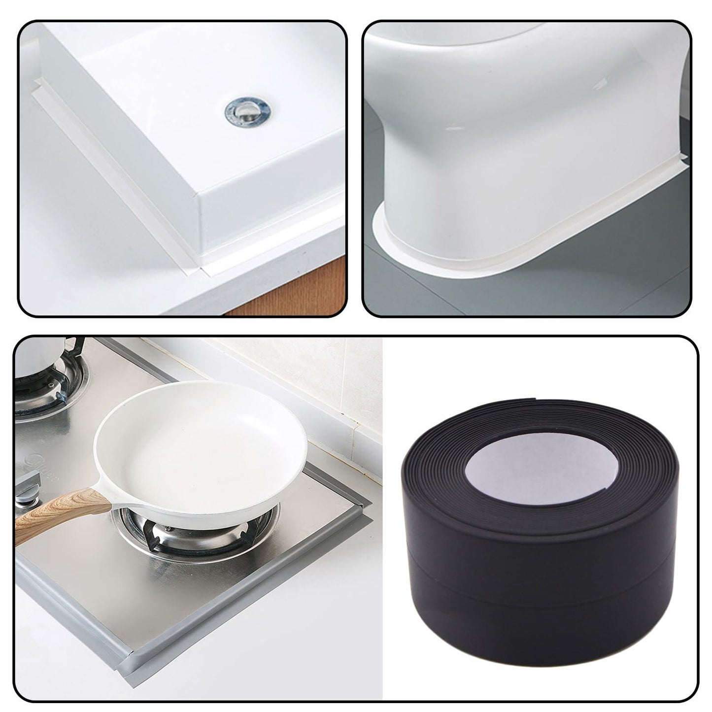 Qiveno 2pcs Waterproof Caulk Tape Black PVC Sealant for Kitchen Bathroom 10.5ft