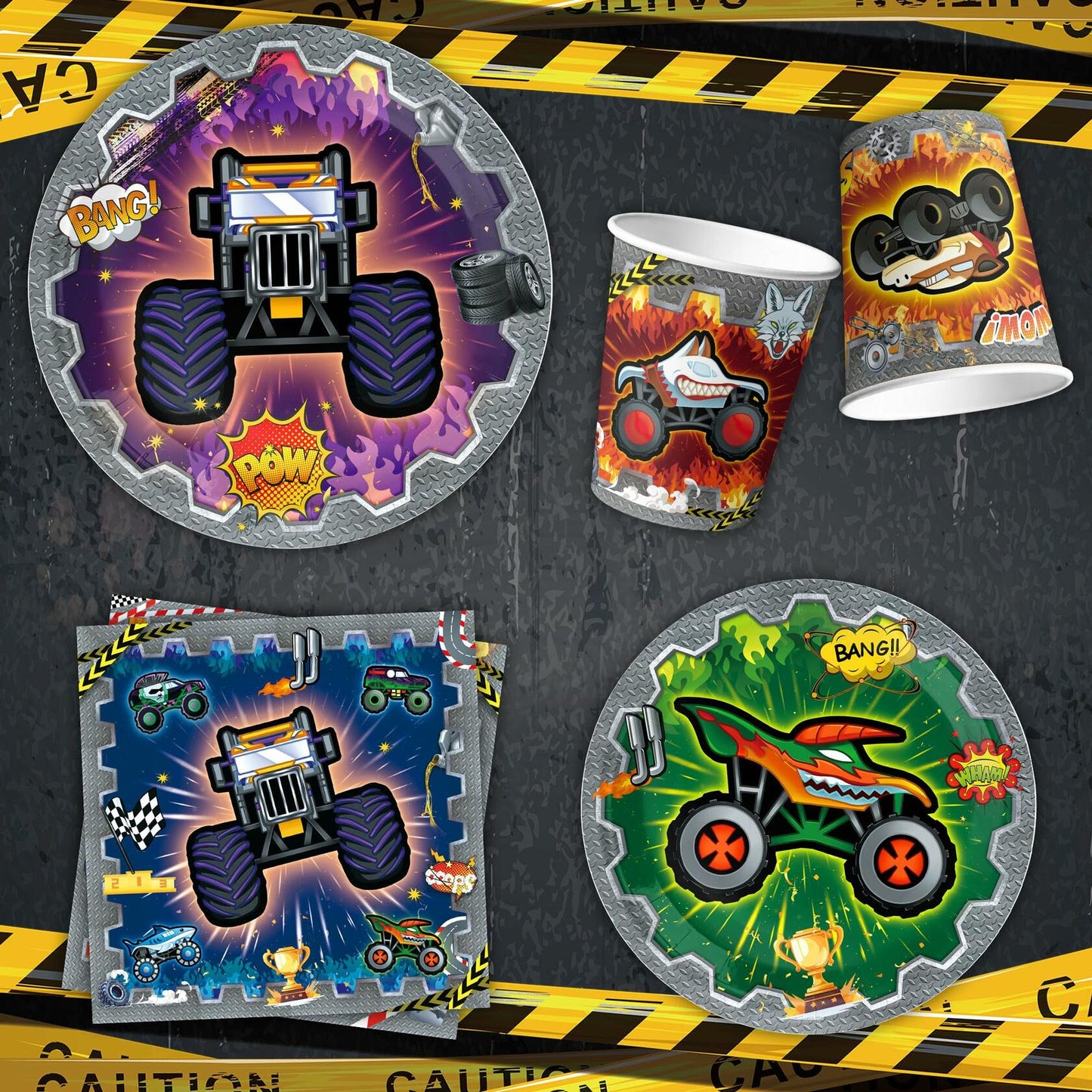 [Like New] VIZOZEN Truck Birthday Party Supplies Tablecloth Banner Plates Napkins Cups