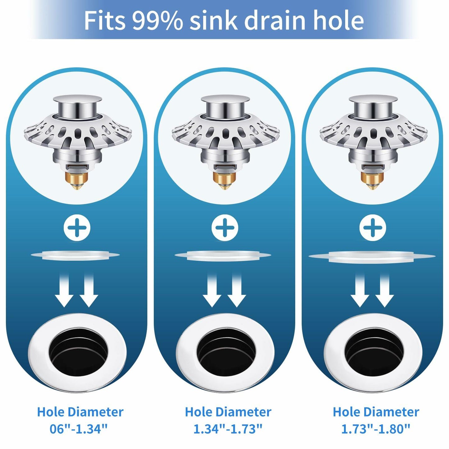 AUPHTIR Universal Bathroom Sink Stopper Pop Up Drain Plug 1.06-1.80'' Silver