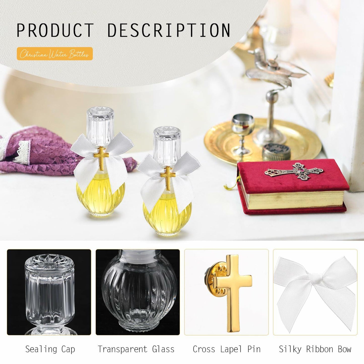Chuangdi 10 Set Holy Catholic Water Bottles 50ml Glass Cross Pin Ribbon Classic