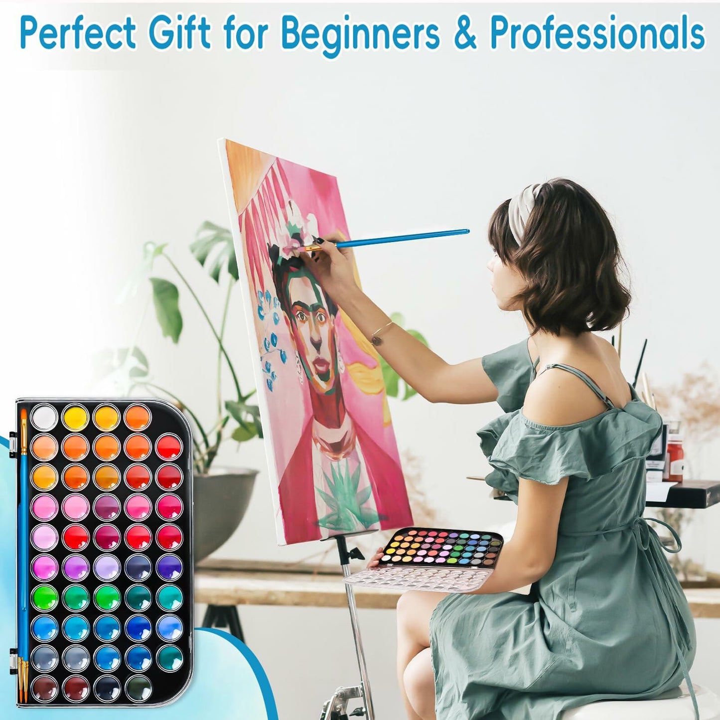 48 Color Solid Watercolor Paint Set with 3 Brushes for Kids & Artists