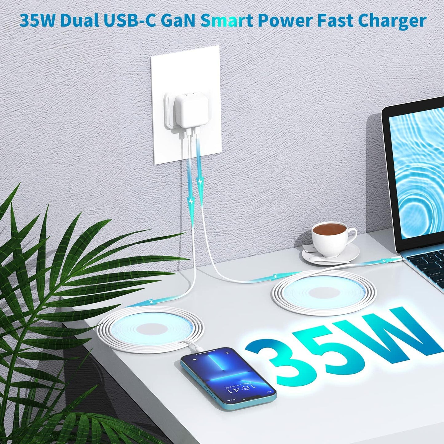 GEONAV Apple MFi 35W Dual USB-C GaN Fast Charger with 2x 6FT C to Lightning