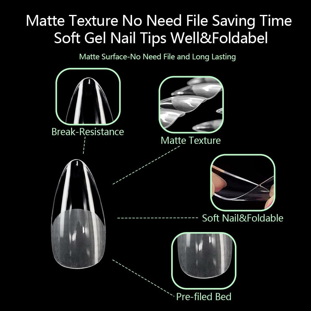 PrettyYo Short Almond Gel Nail Tips 240Pcs Clear 12 Sizes Full Cover