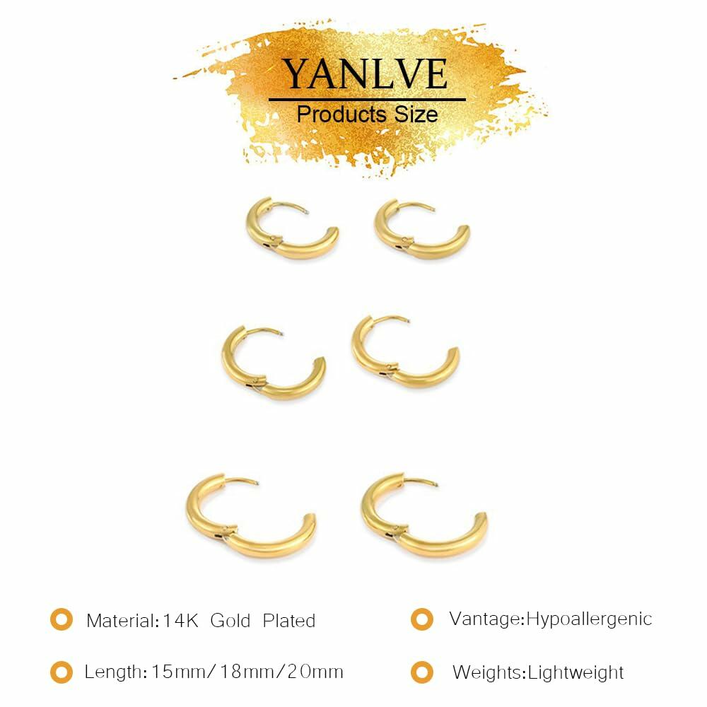 YANLVE 14K Gold Plated Small Huggie Hoop Earrings Set of 3 Pairs Women