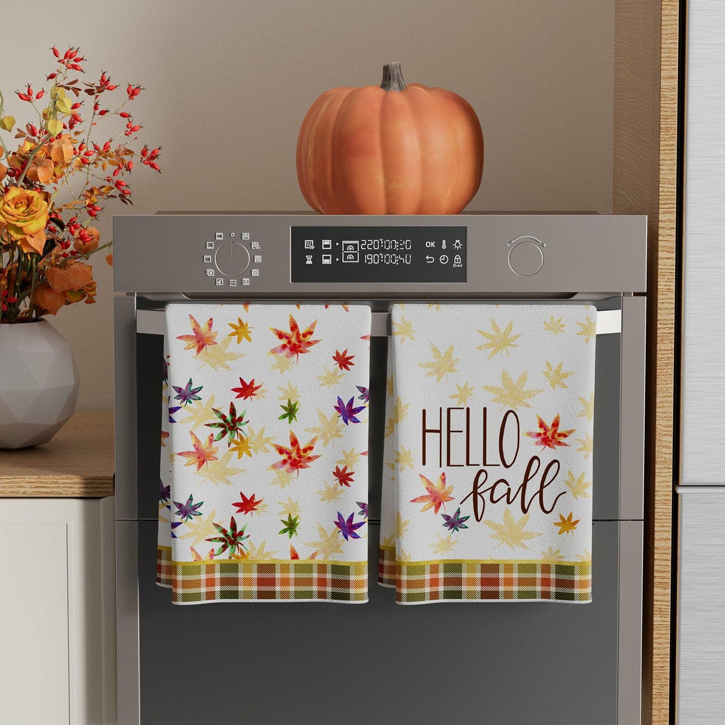 XCHI Hello Fall Watercolor Maple Leaves Plaid Dish Towels 18x26 Set of 2