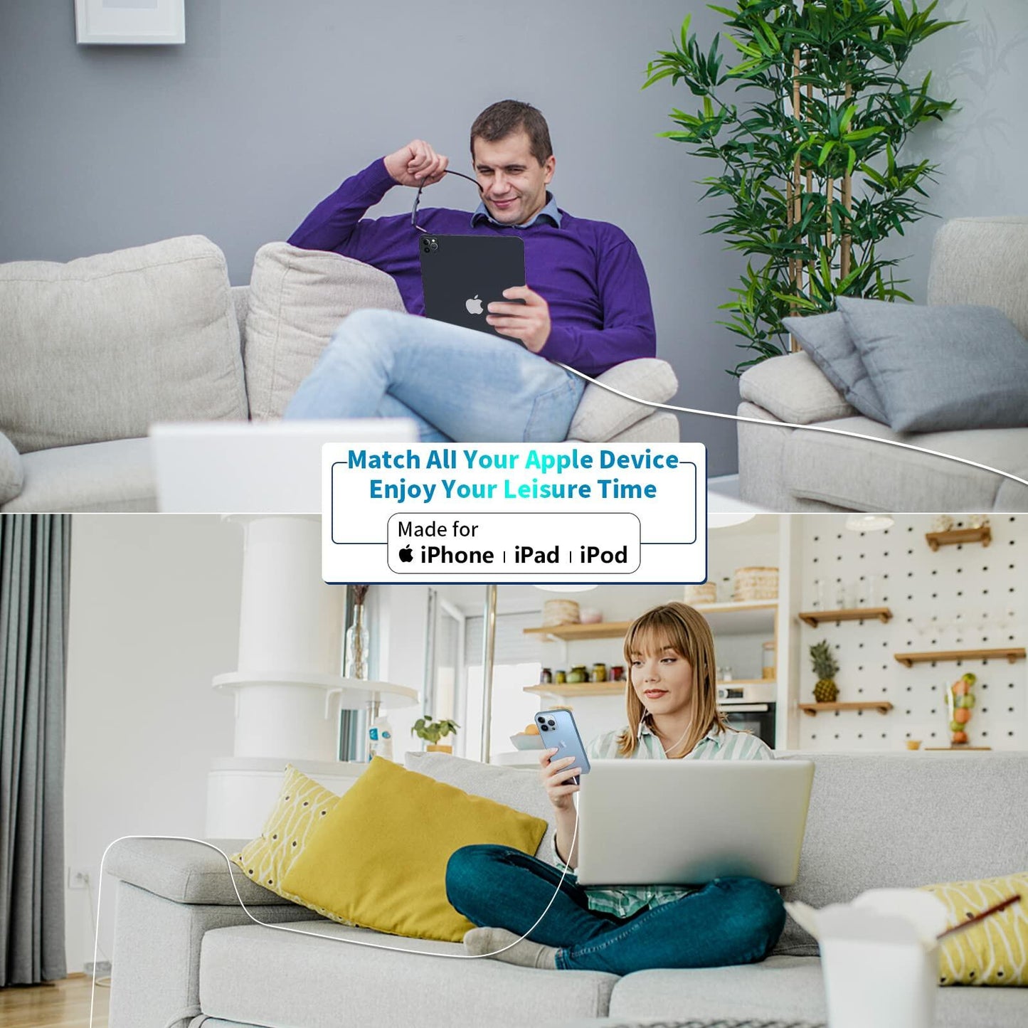 GEONAV Apple MFi 35W Dual USB-C GaN Fast Charger with 2x 6FT C to Lightning