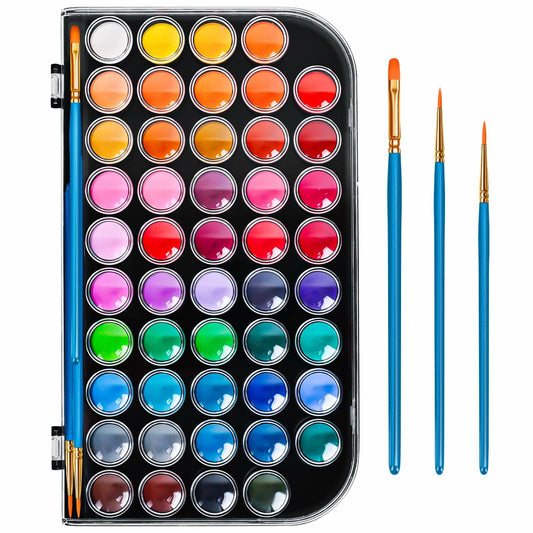 48 Color Solid Watercolor Paint Set with 3 Brushes for Kids & Artists