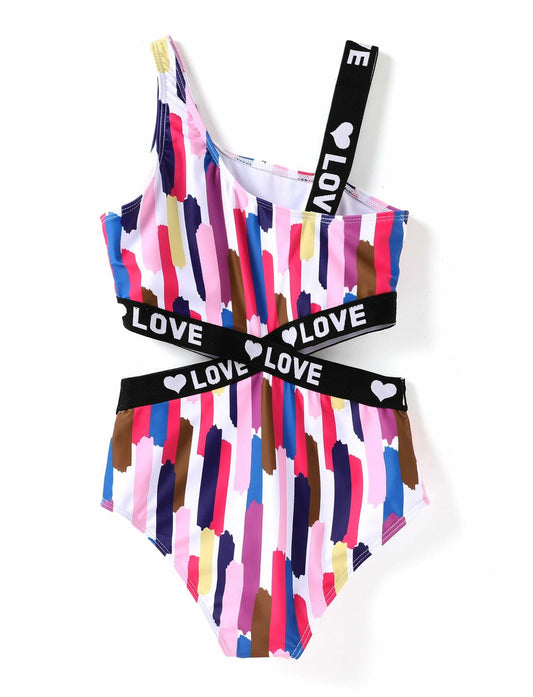 PATPAT Girls One Piece Swimsuit Monokini Colored Stripes Size 9-10 Years
