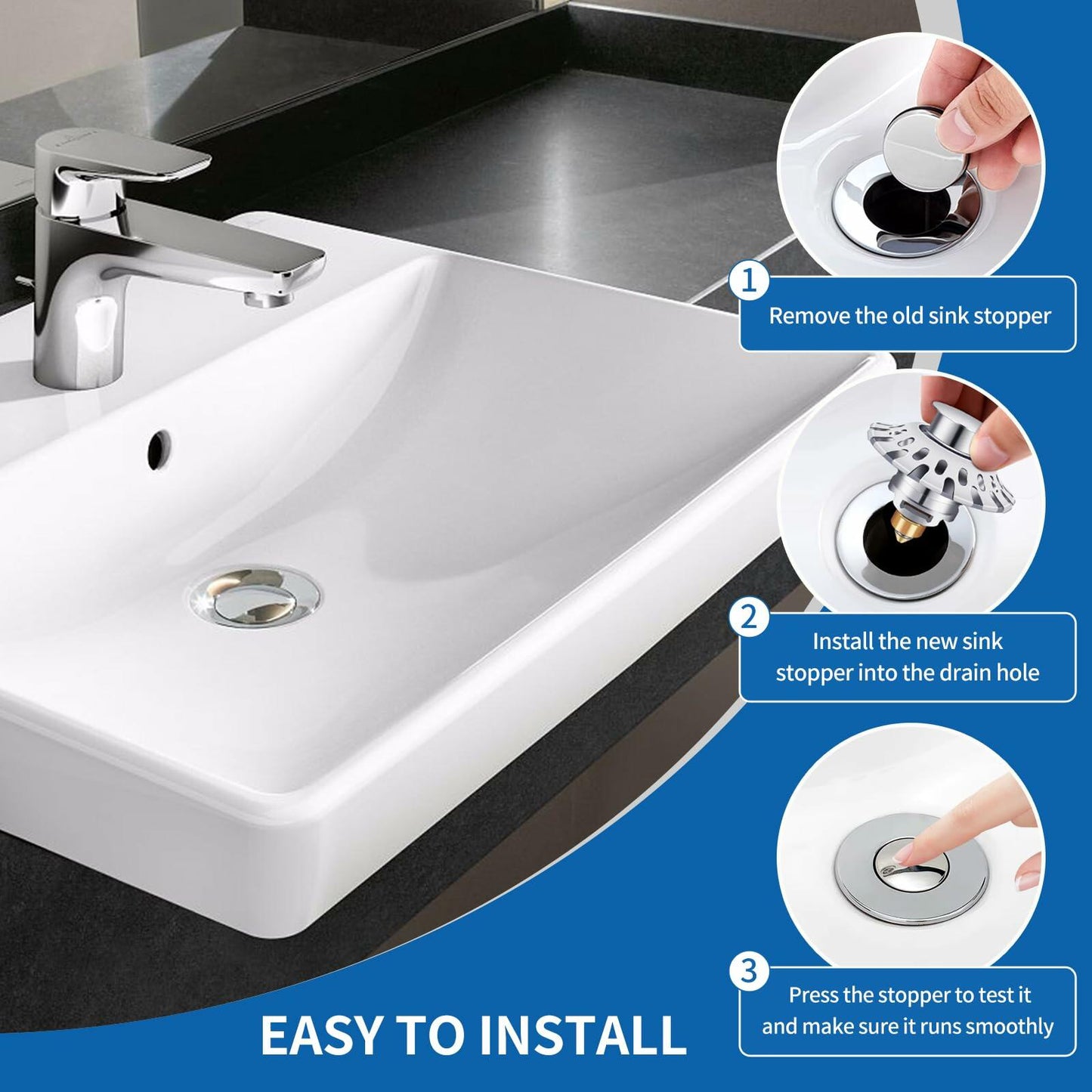 AUPHTIR Universal Bathroom Sink Stopper Pop Up Drain Plug 1.06-1.80'' Silver