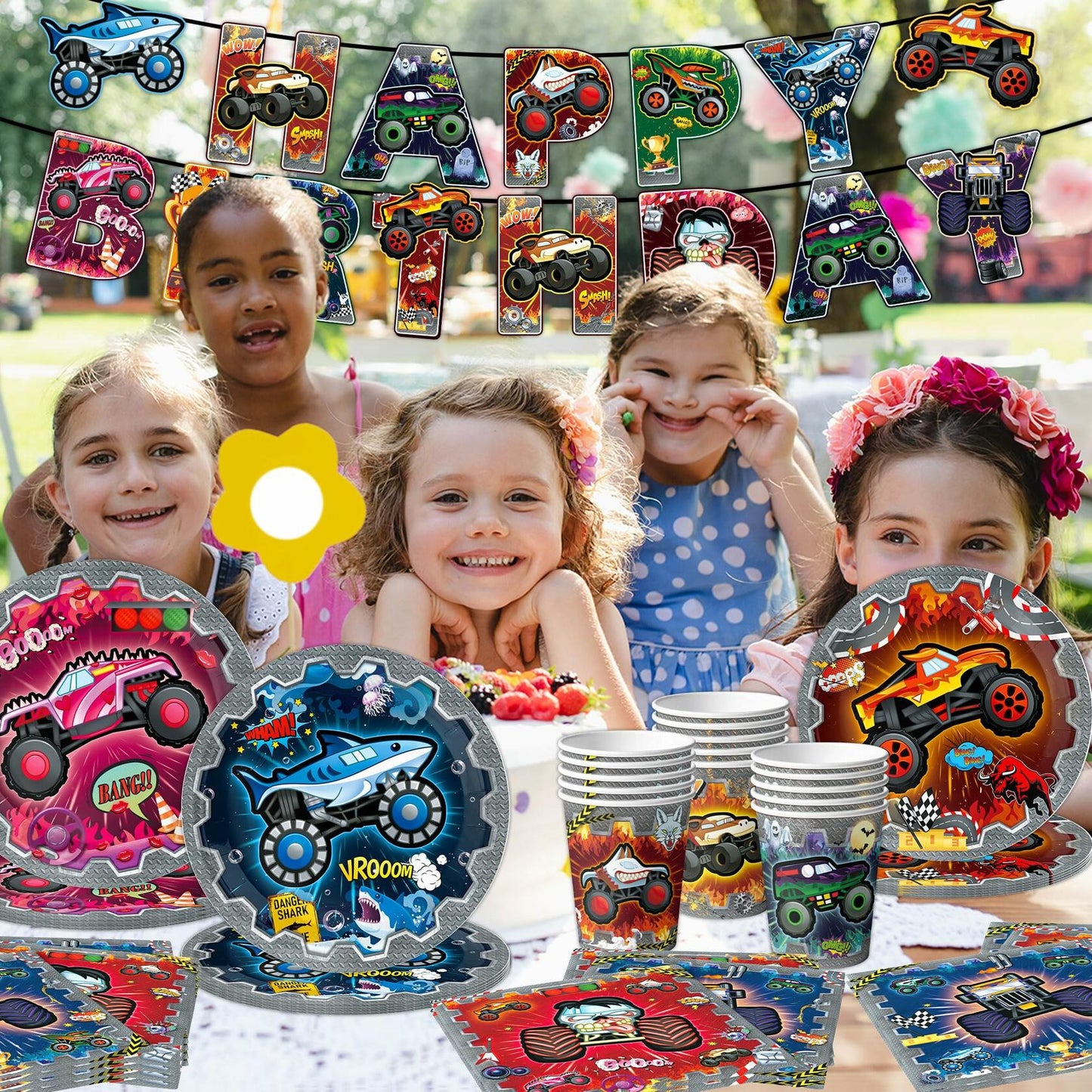 [Like New] VIZOZEN Truck Birthday Party Supplies Tablecloth Banner Plates Napkins Cups