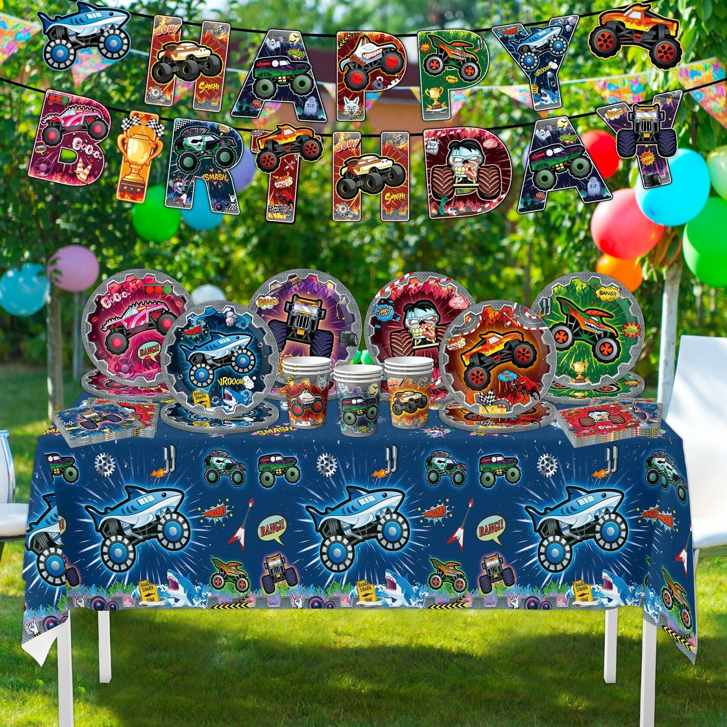 [Like New] VIZOZEN Truck Birthday Party Supplies Tablecloth Banner Plates Napkins Cups