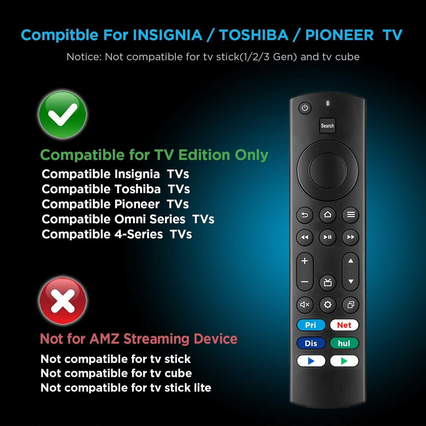 Replacement Remote Control for AMZ TV Edition Smart TVs Insignia Toshiba