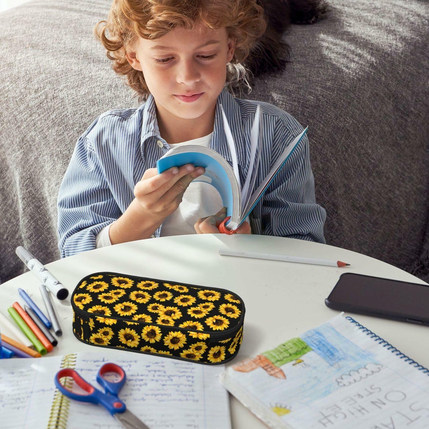 VOL&BASS Sunflower Large Pencil Case Big Capacity Pen Bag Yellow Polyester