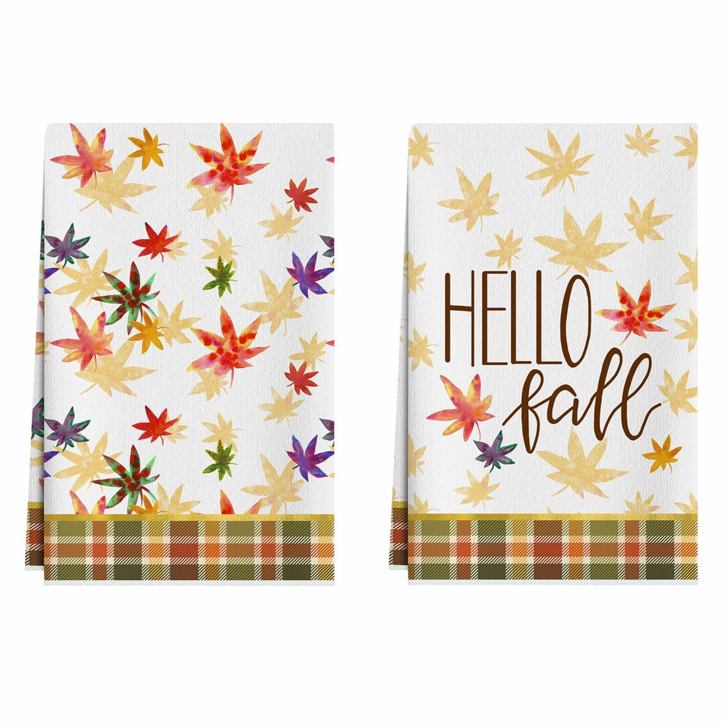 XCHI Hello Fall Watercolor Maple Leaves Plaid Dish Towels 18x26 Set of 2