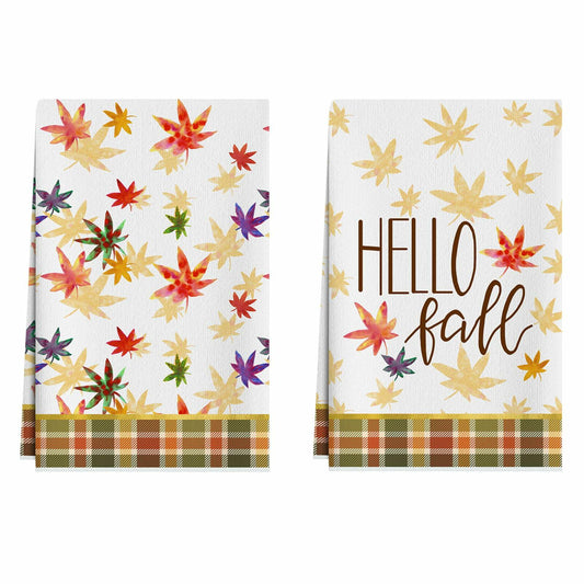 XCHI Hello Fall Watercolor Maple Leaves Plaid Dish Towels 18x26 Set of 2
