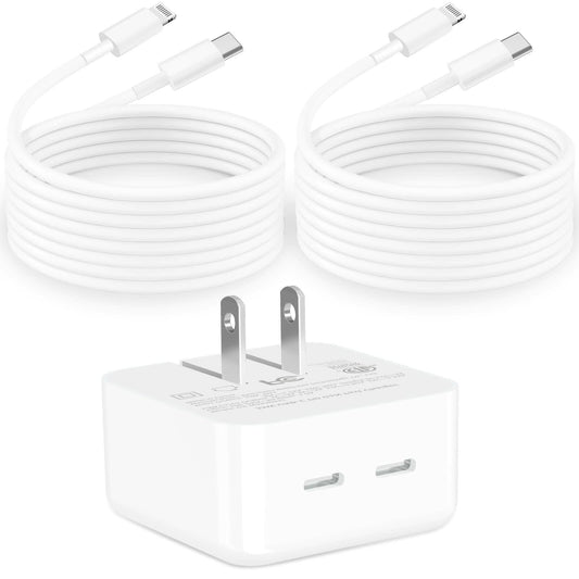 GEONAV Apple MFi 35W Dual USB-C GaN Fast Charger with 2x 6FT C to Lightning